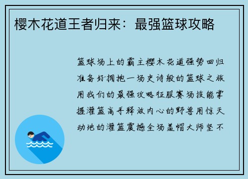 樱木花道王者归来：最强篮球攻略