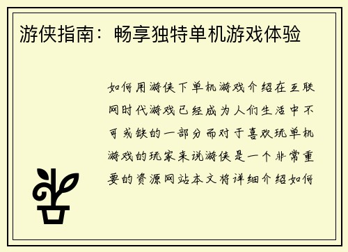游侠指南：畅享独特单机游戏体验